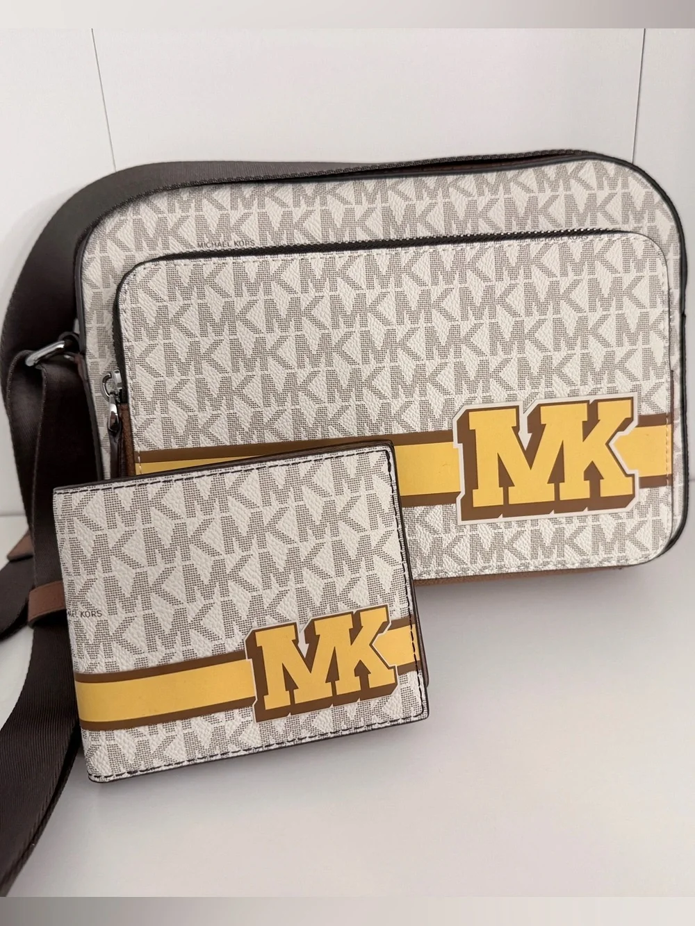 Michael Kors White and Yellow MK Logo Men’s Crossbody and Wallet Set